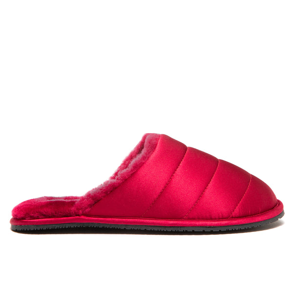 Supasnug 100% silk and pure australian puffer quilt sheepskin slipper in red.  quiet luxury hypoallergenic