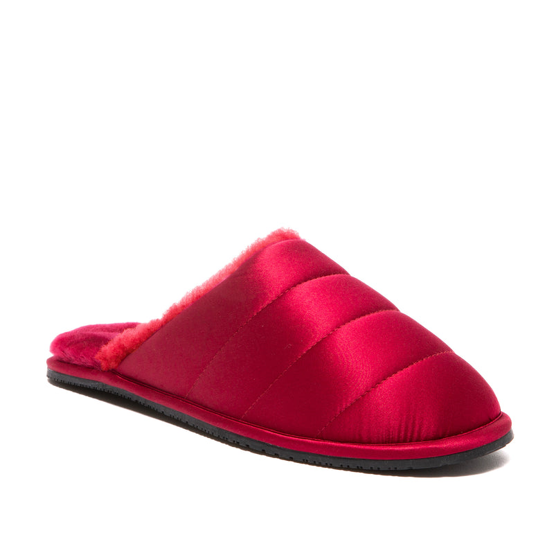 Supasnug 100% silk and pure australian puffer quilt sheepskin slipper in red.  quiet luxury hypoallergenic
