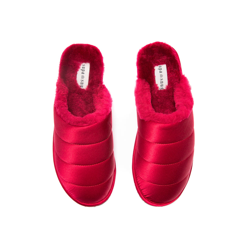 Supasnug 100% silk and pure australian puffer quilt sheepskin slipper in red.  quiet luxury hypoallergenic