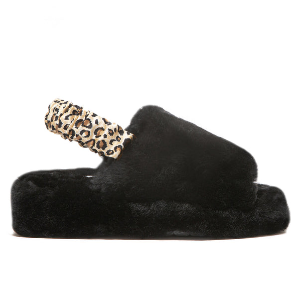 supasnug silk and sheepskin slipper mules slingback silk scrunchie  womens black leopard