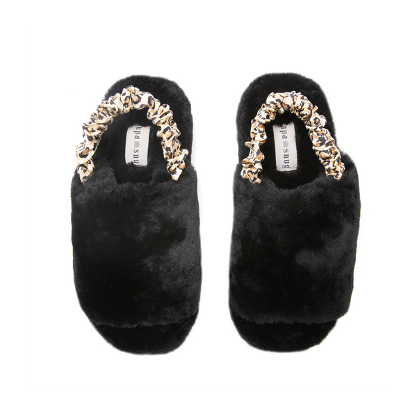 supasnug silk and sheepskin slipper mules slingback silk scrunchie  womens black leopard