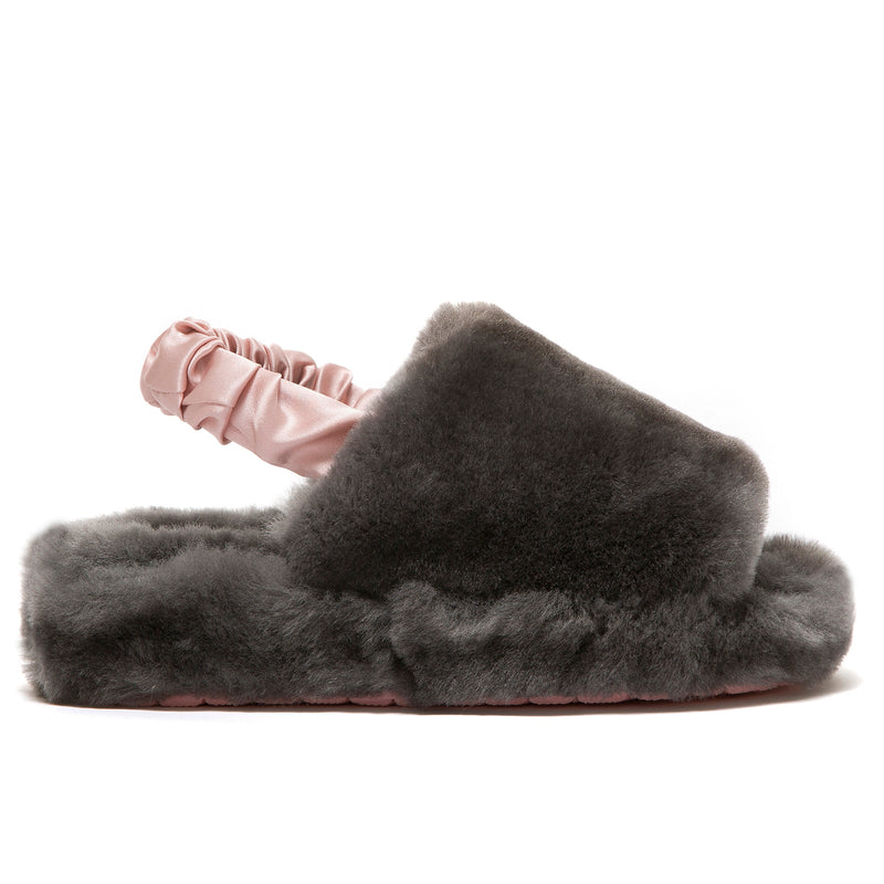 supasnug silk and sheepskin slipper mules slingback silk scrunchie  womens grey pink