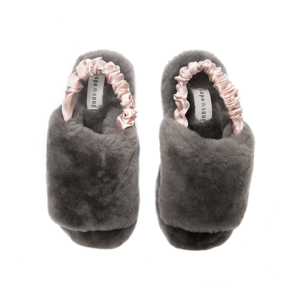 supasnug silk and sheepskin slipper mules slingback silk scrunchie  womens grey pink