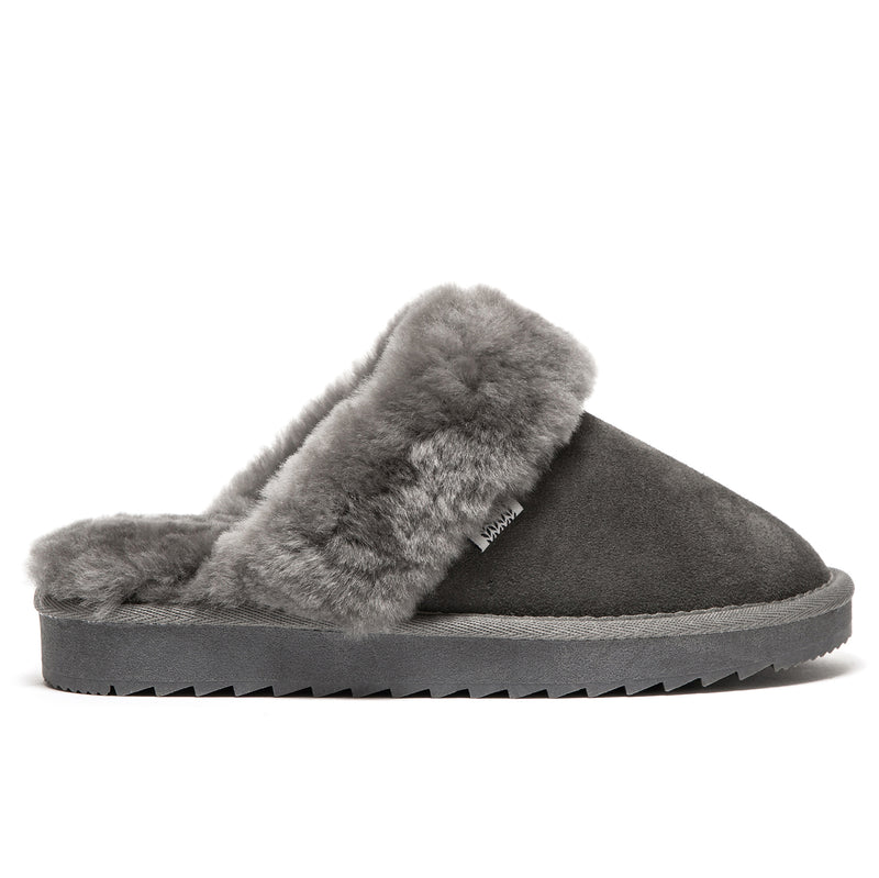 supasnug luxury mule slipper in pure grey sheepskin with a heavy cleated sole for durability 