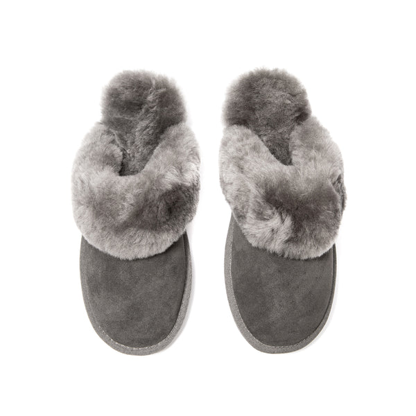 supasnug luxury mule slipper in pure grey sheepskin with a heavy cleated sole for durability 