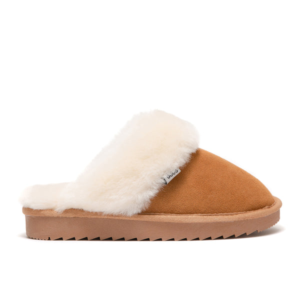 supasnug luxury mule slipper in pure chestnut and natural sheepskin with a heavy cleated sole for durability 