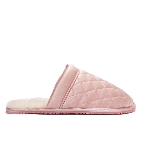 supasnug supa luxe quilted pink silk and natural sheepskin slipper luxury boudoir cosy warm fashion side image quiet luxury hypoallergenic