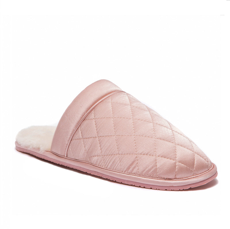 supasnug supa luxe quilted pink silk and natural sheepskin slipper luxury boudoir cosy warm fashion side image quiet luxury hypoallergenic