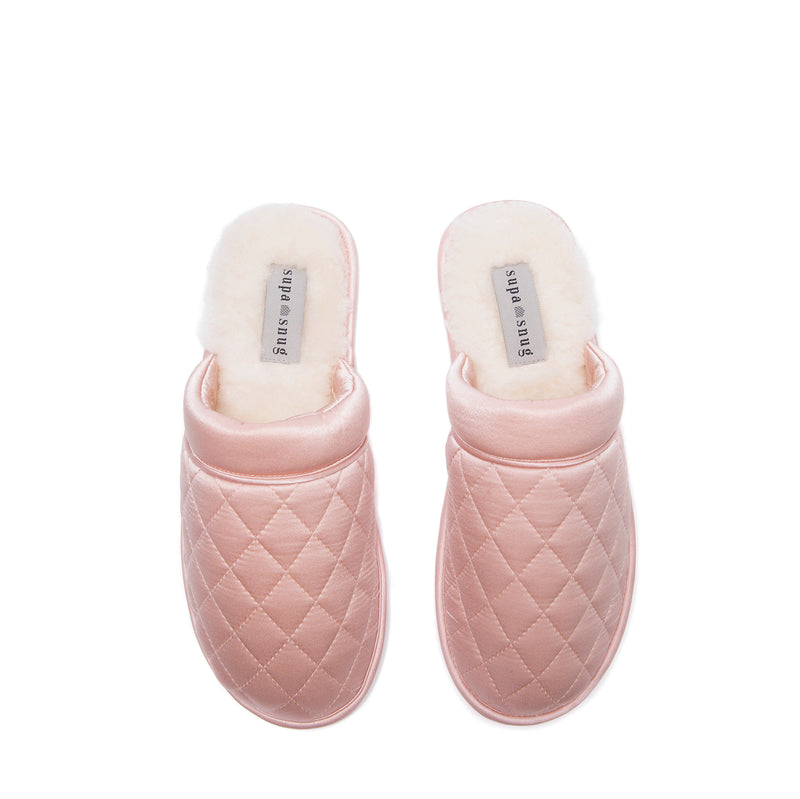 supasnug supa luxe quilted pink silk and natural sheepskin slipper luxury boudoir cosy warm fashion side image quiet luxury hypoallergenic