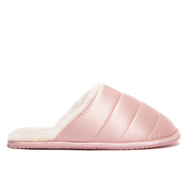 supasnug silk and sheepskin slipper mules womens slide pink puffer quilt luxury slipper.  quiet luxury hypoallergenic