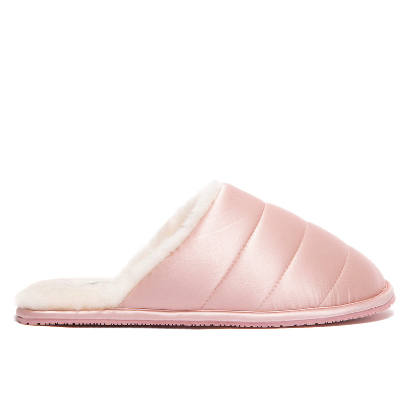 supasnug silk and sheepskin slipper mules womens slide pink puffer quilt luxury slipper.  quiet luxury hypoallergenic