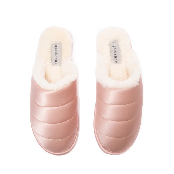 supasnug silk and sheepskin slipper mules womens slide pink boudoir puffa luxury.  quiet luxury hypoallergenic