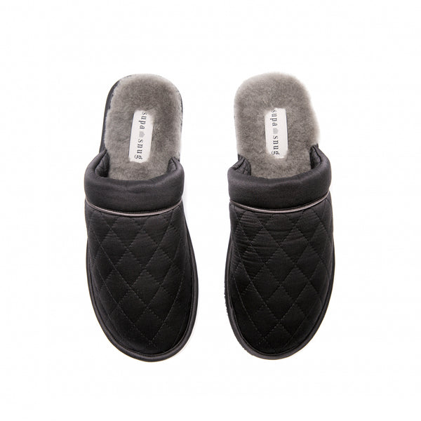 supasnug supa luxe quilted black and grey slipper luxury boudoir cosy warm fashion quiet luxury hypoallergenic