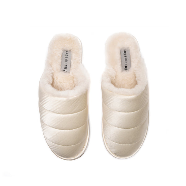 supasnug silk and sheepskin slipper mules  womens slide winter white cream luxury puffer boudoir.  quiet luxury hypoallergenic