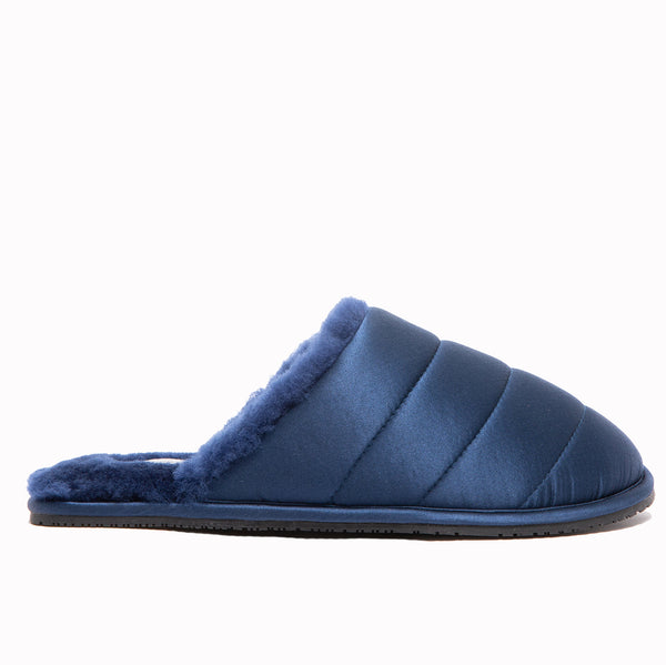 supasnug navy silk and sheepskin puffer quilt slipper mules womens slide warm and cosy.  quiet luxury hypoallergenic