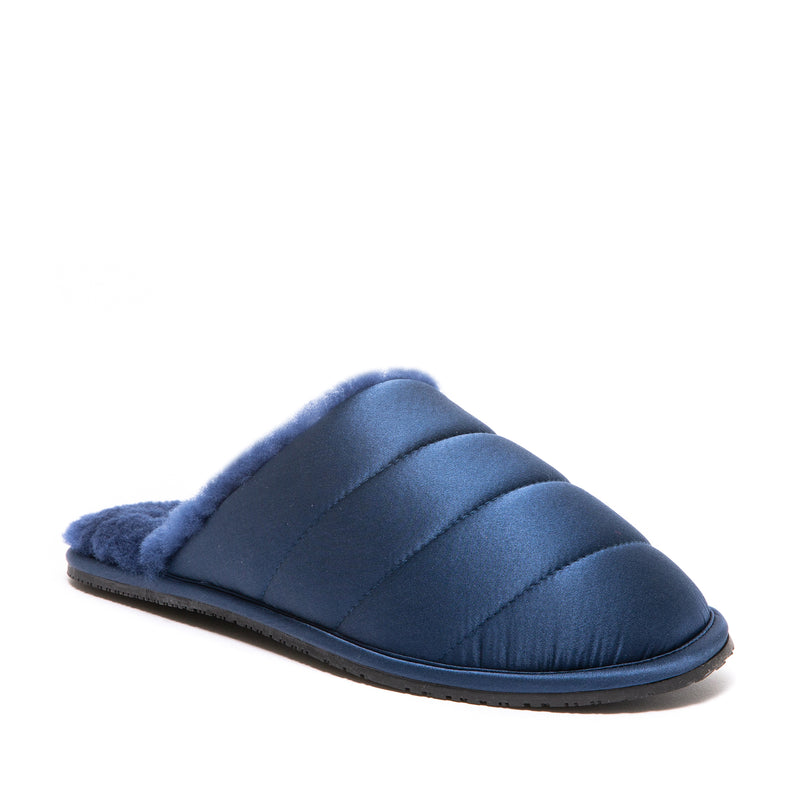 supasnug navy silk and sheepskin slipper mules womens slide hygge work from home cosy.  quiet luxury hypoallergenic