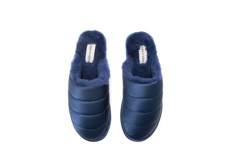 supasnug navy silk and sheepskin slipper mules womens slide hygge work from home cosy.  quiet luxury hypoallergenic