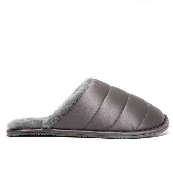 supasnug grey silk and sheepskin puffer quilt slipper mules womens slide warm and cosy.  quiet luxury hypoallergenic