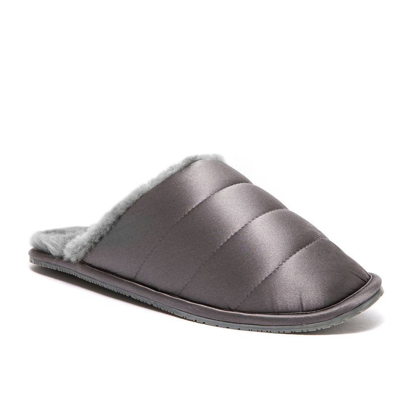 supasnug grey silk and sheepskin slipper mules womens slide warm and cosy.  quiet luxury hypoallergenic