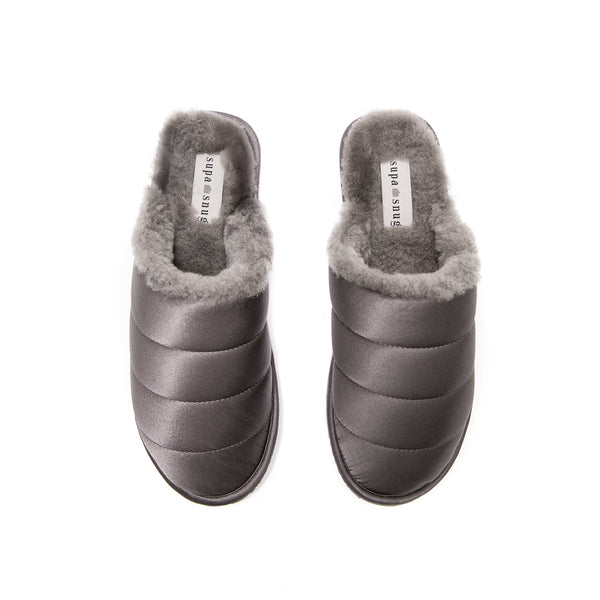 supasnug grey silk and sheepskin slipper mules womens slide warm and cosy.  quiet luxury hypoallergenic