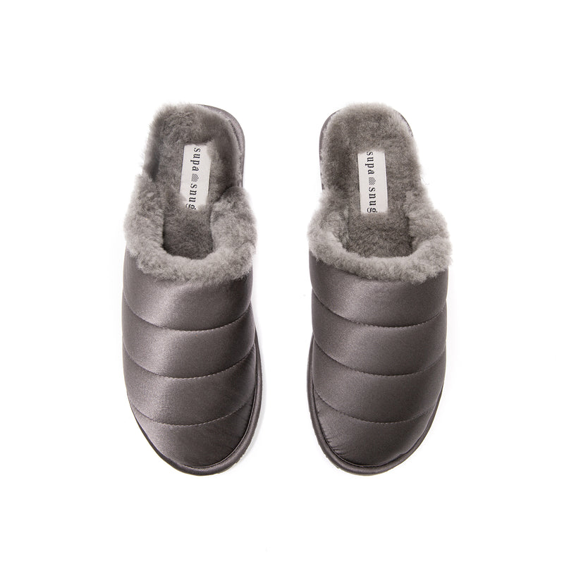 supasnug grey silk and sheepskin slipper mules womens slide warm and cosy.  quiet luxury hypoallergenic