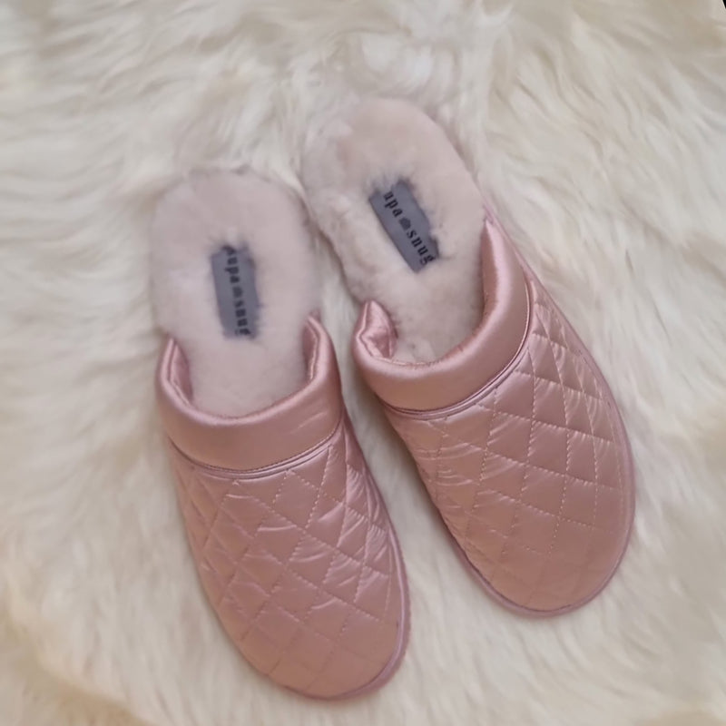 supasnug supa luxe quilted pink silk and natural sheepskin slipper luxury boudoir sub cosy warm fashion quiet luxury hypoallergenic