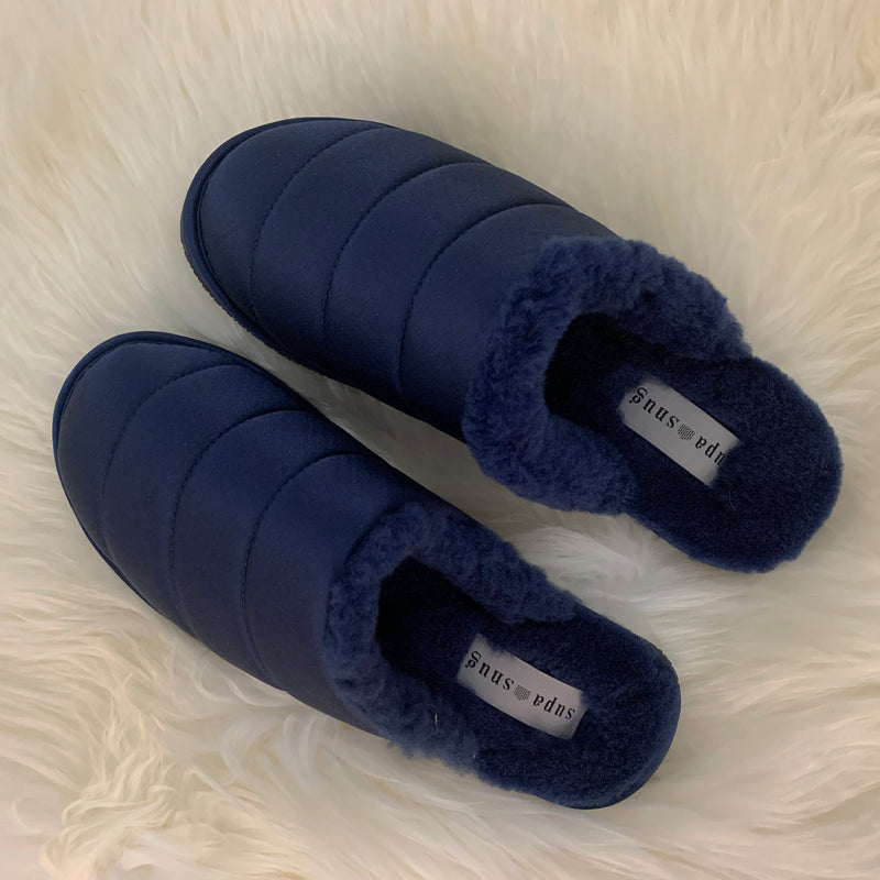 supasnug supa far greynavysilk pair womens slipper.  quiet luxury hypoallergenic
