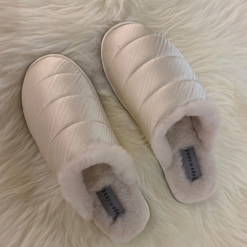 supasnug supa far winter white silk pair womens slipper.  quiet luxury hypoallergenic